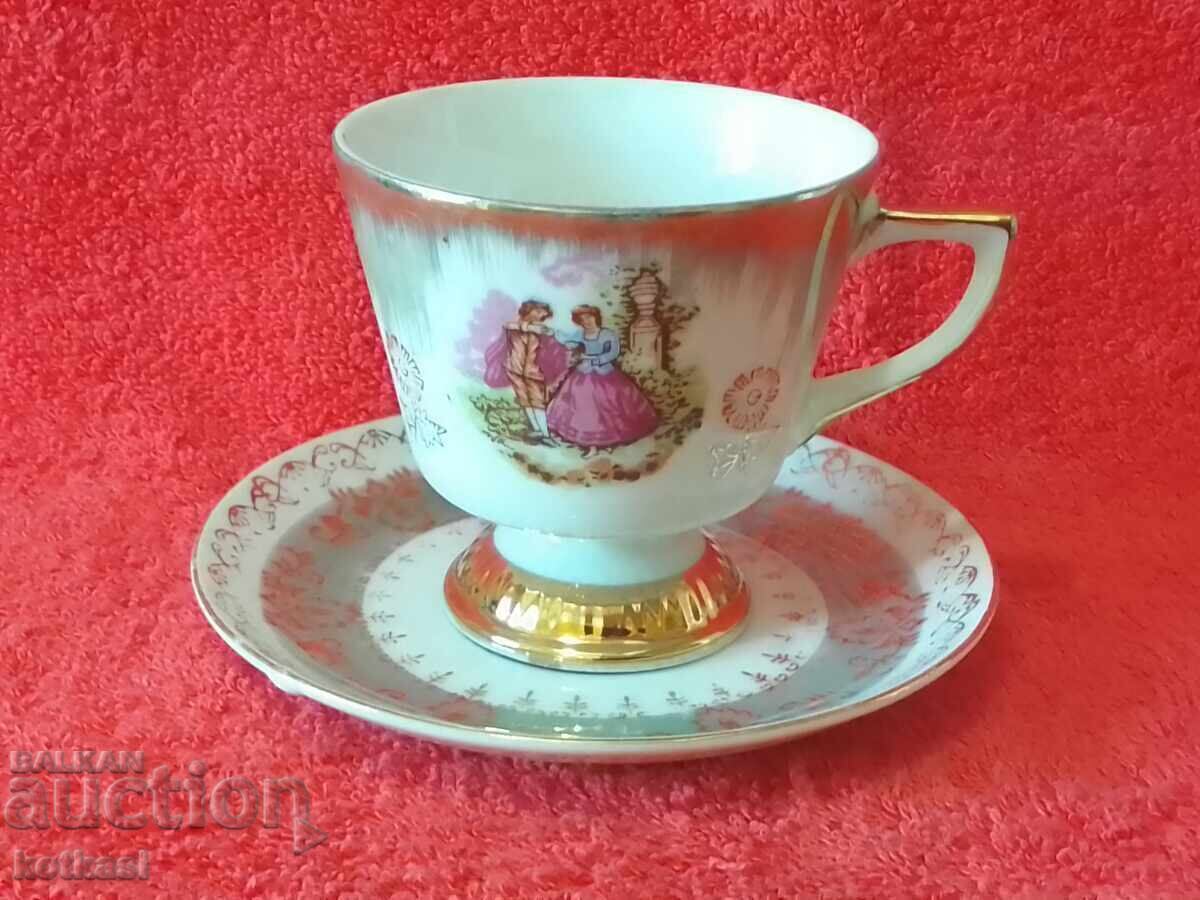 Old porcelain double set cup plate gilding man and woman