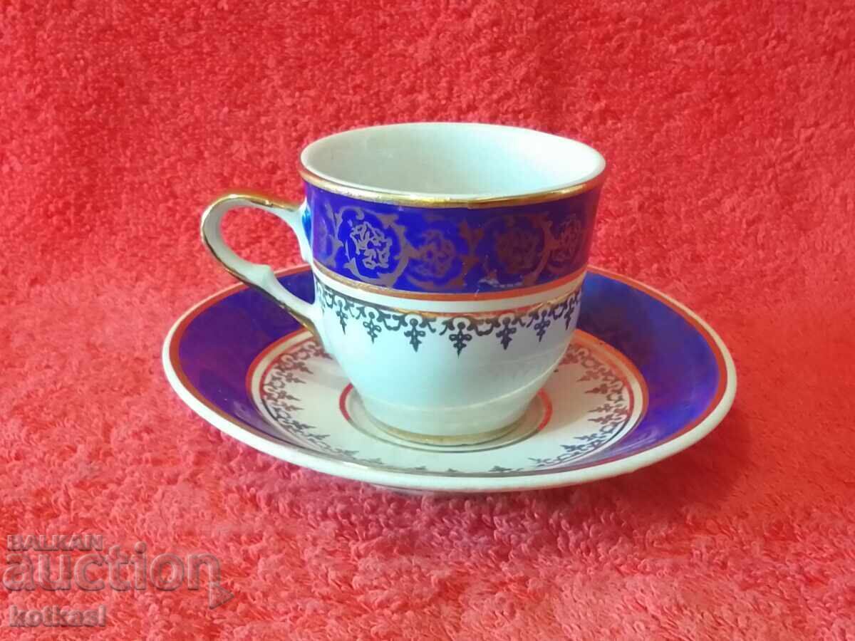 Old porcelain double set cup plate gilding Mocha marked