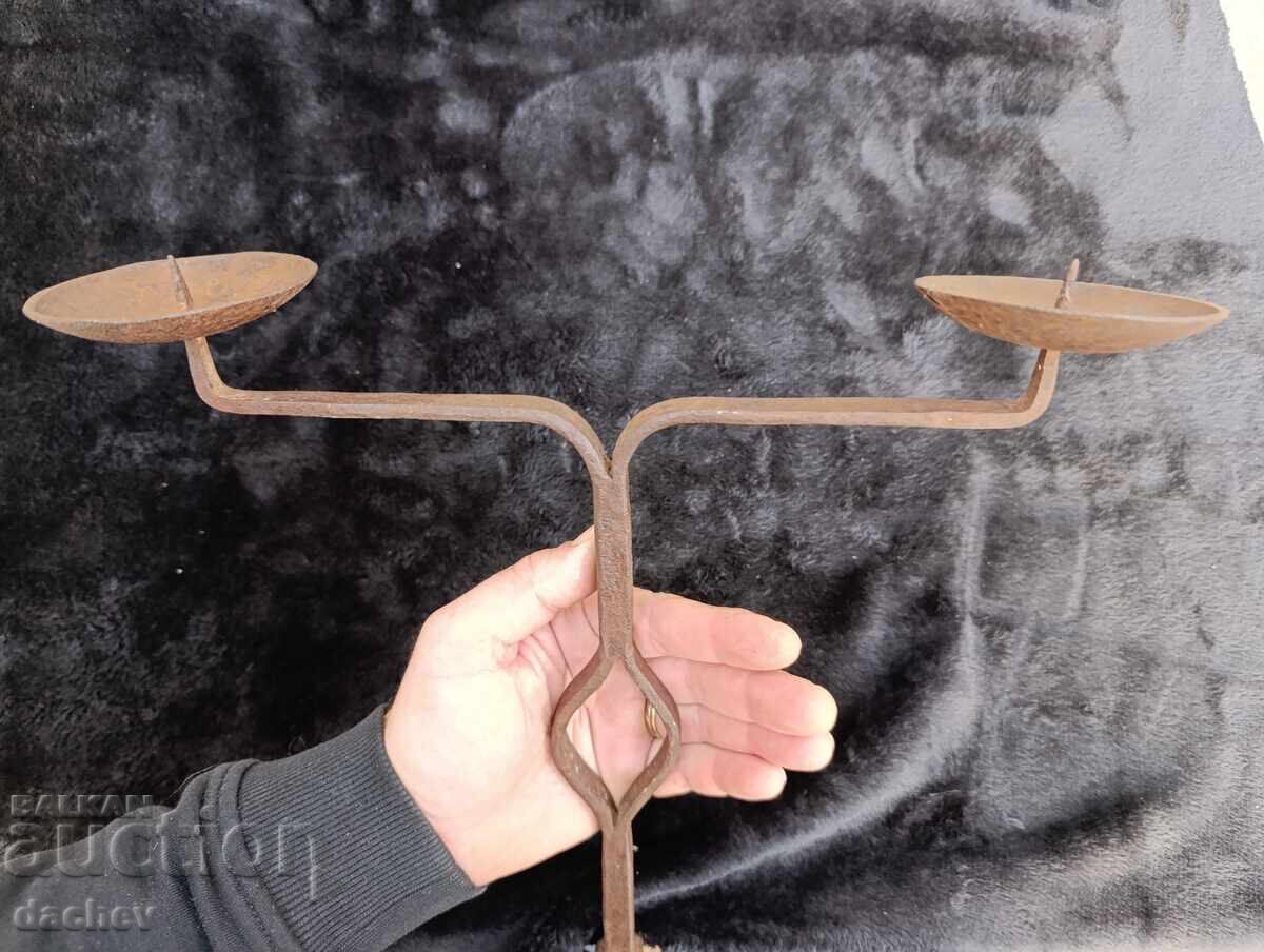 Auction Old large double wrought iron candlestick lamp Auction Old large double wrought iron candlestick lamp