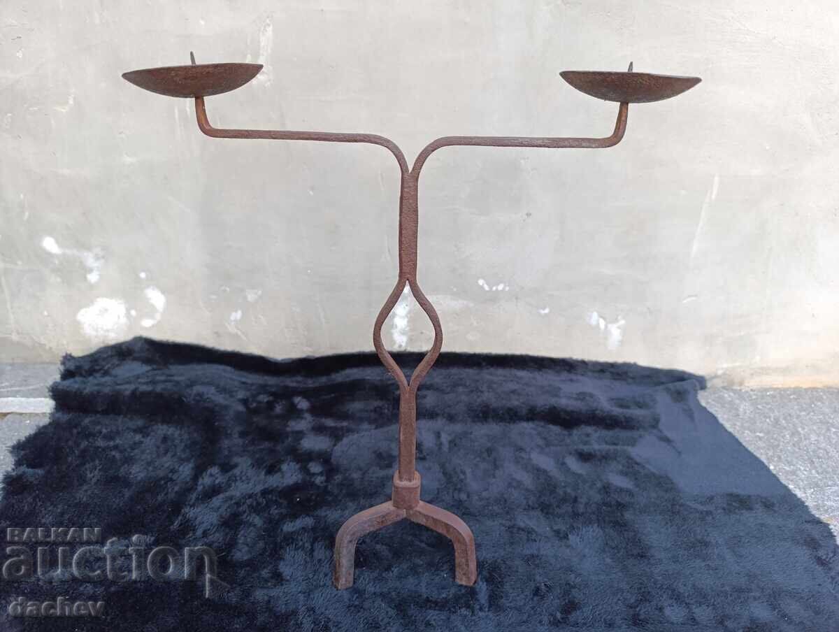 Old large double wrought iron candlestick lamp Old large double wrought iron candlestick lamp