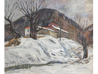 Winter landscape, double-sided oil painting