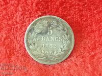 Old silver coin 5 Francs FRANGS France 1832