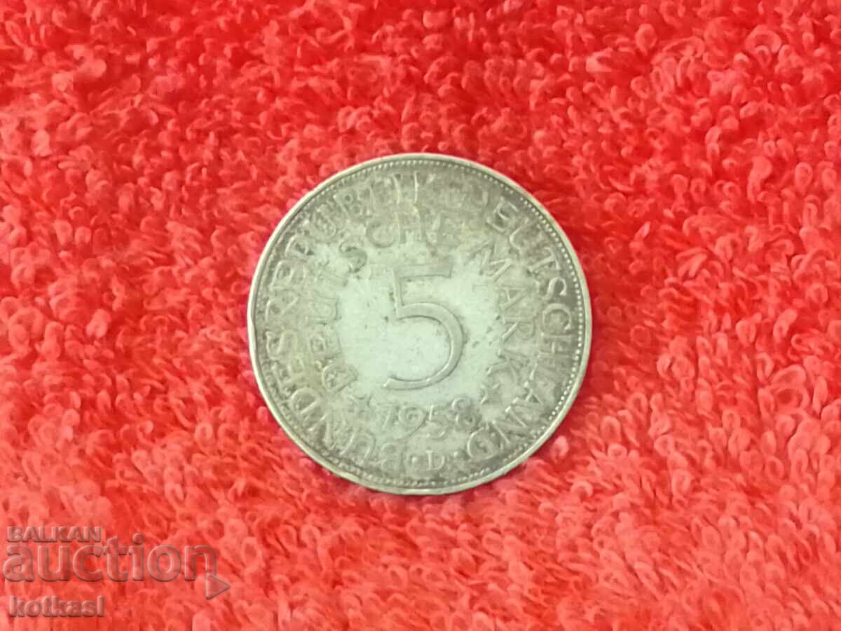 Стара сребърна монета 5 марки 1958 г Германия с цена 55.50 лв. | € 28.38