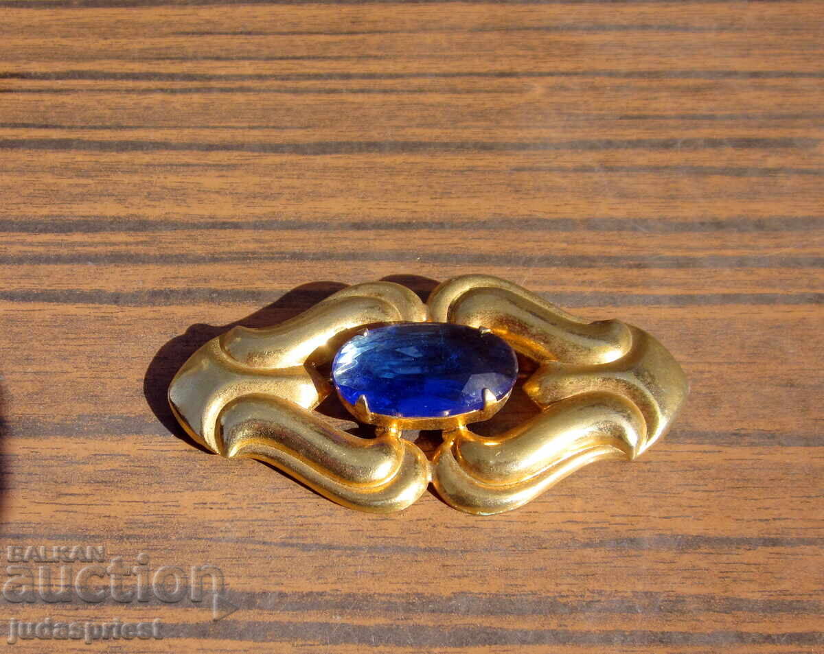 Аукцион стара голяма дубле дамска позлатена брошка бижу синьо стъкло Аукцион стара голяма дубле дамска позлатена брошка бижу синьо стъкло