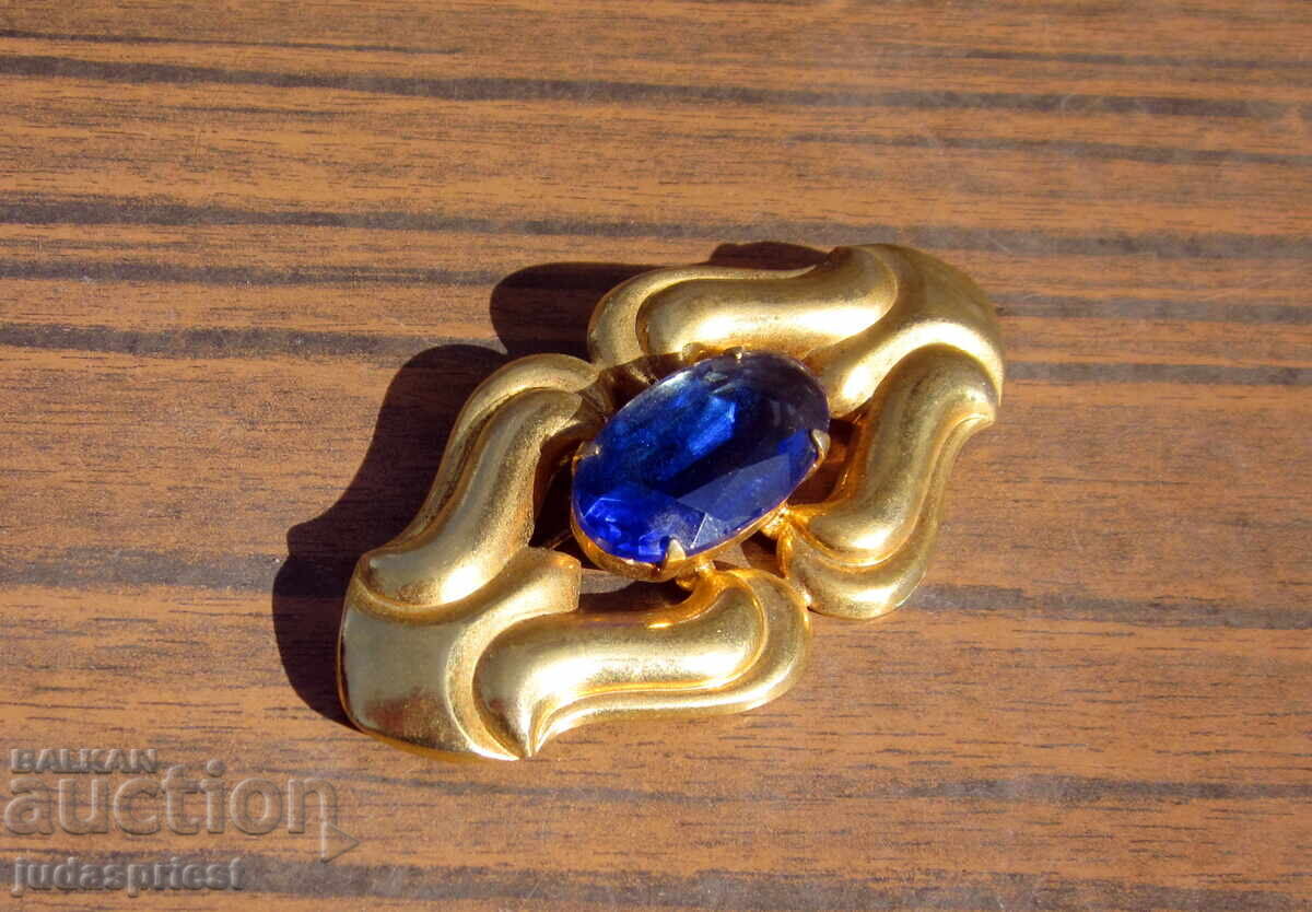 Доставка на стара голяма дубле дамска позлатена брошка бижу синьо стъкло Доставка на стара голяма дубле дамска позлатена брошка бижу синьо стъкло