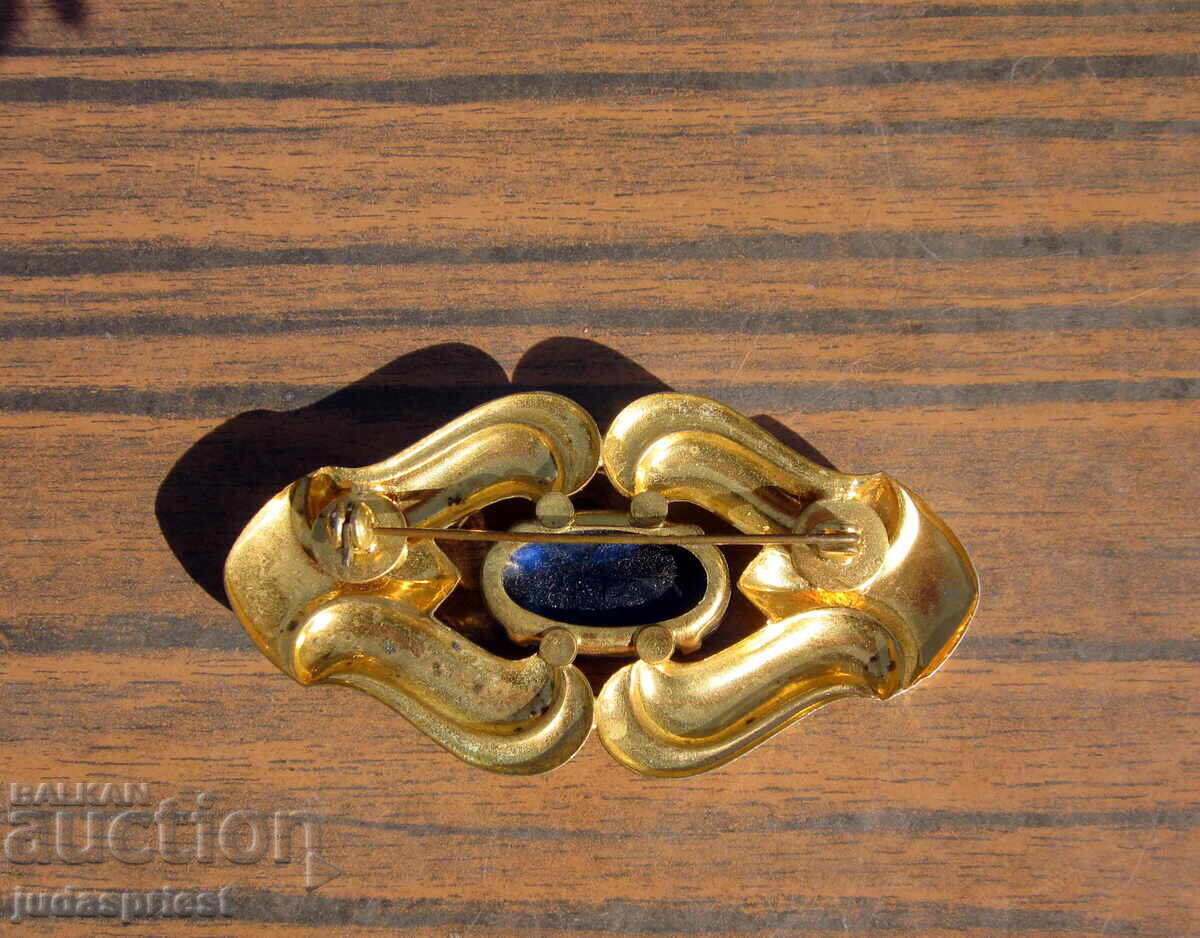 стара голяма дубле дамска позлатена брошка бижу синьо стъкло - 5 стара голяма дубле дамска позлатена брошка бижу синьо стъкло - 5
