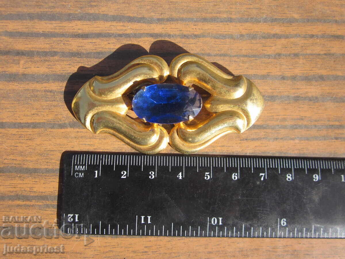 стара голяма дубле дамска позлатена брошка бижу синьо стъкло - 6 стара голяма дубле дамска позлатена брошка бижу синьо стъкло - 6
