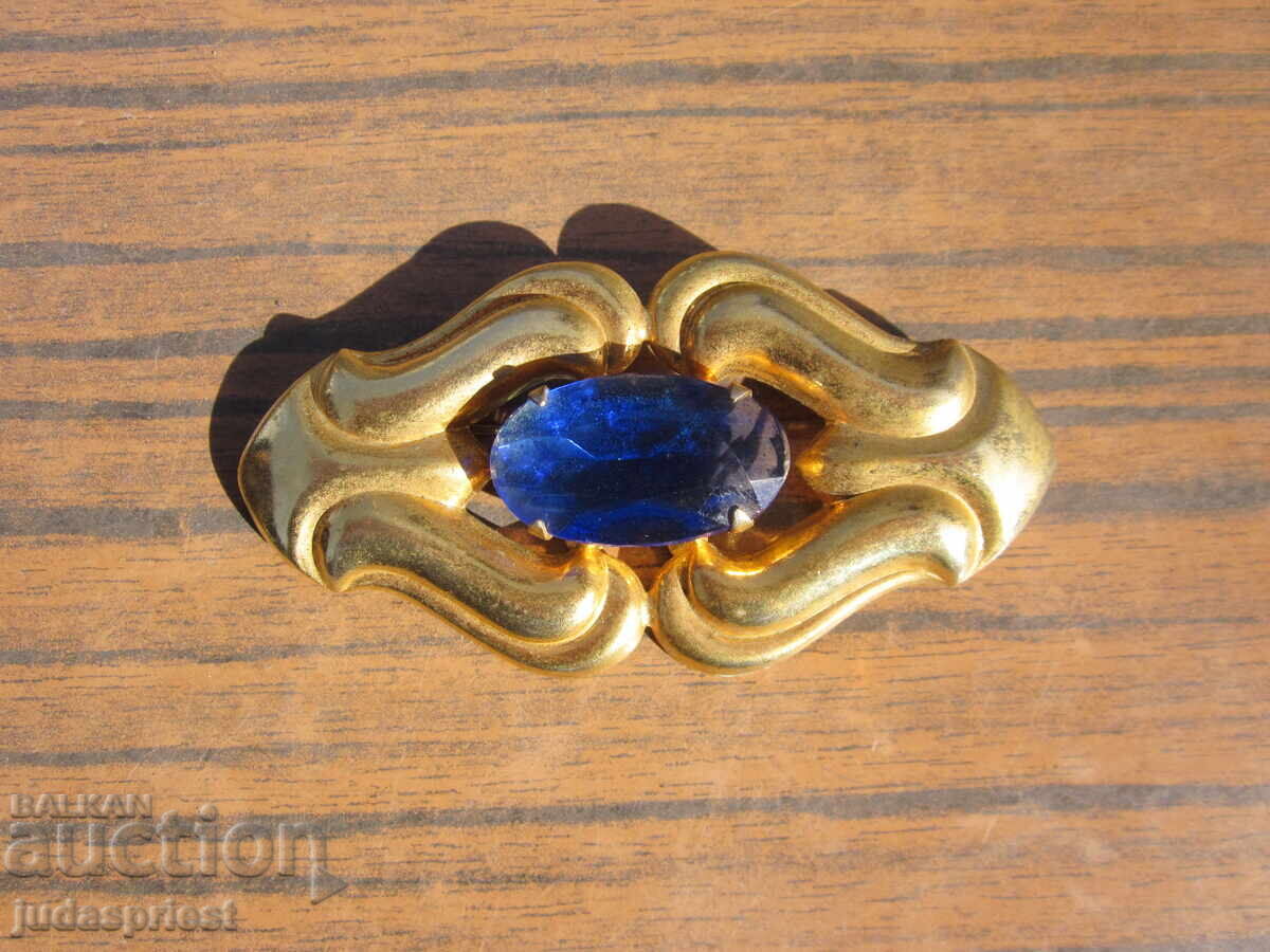 стара голяма дубле дамска позлатена брошка бижу синьо стъкло стара голяма дубле дамска позлатена брошка бижу синьо стъкло