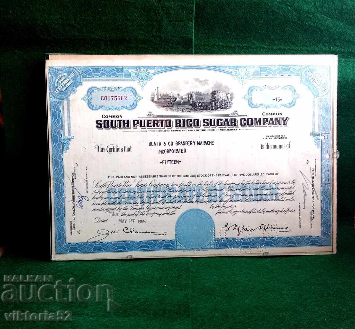 Auction  South Porto Rico Sugar Co. - Puerto Rican Stock Certificate