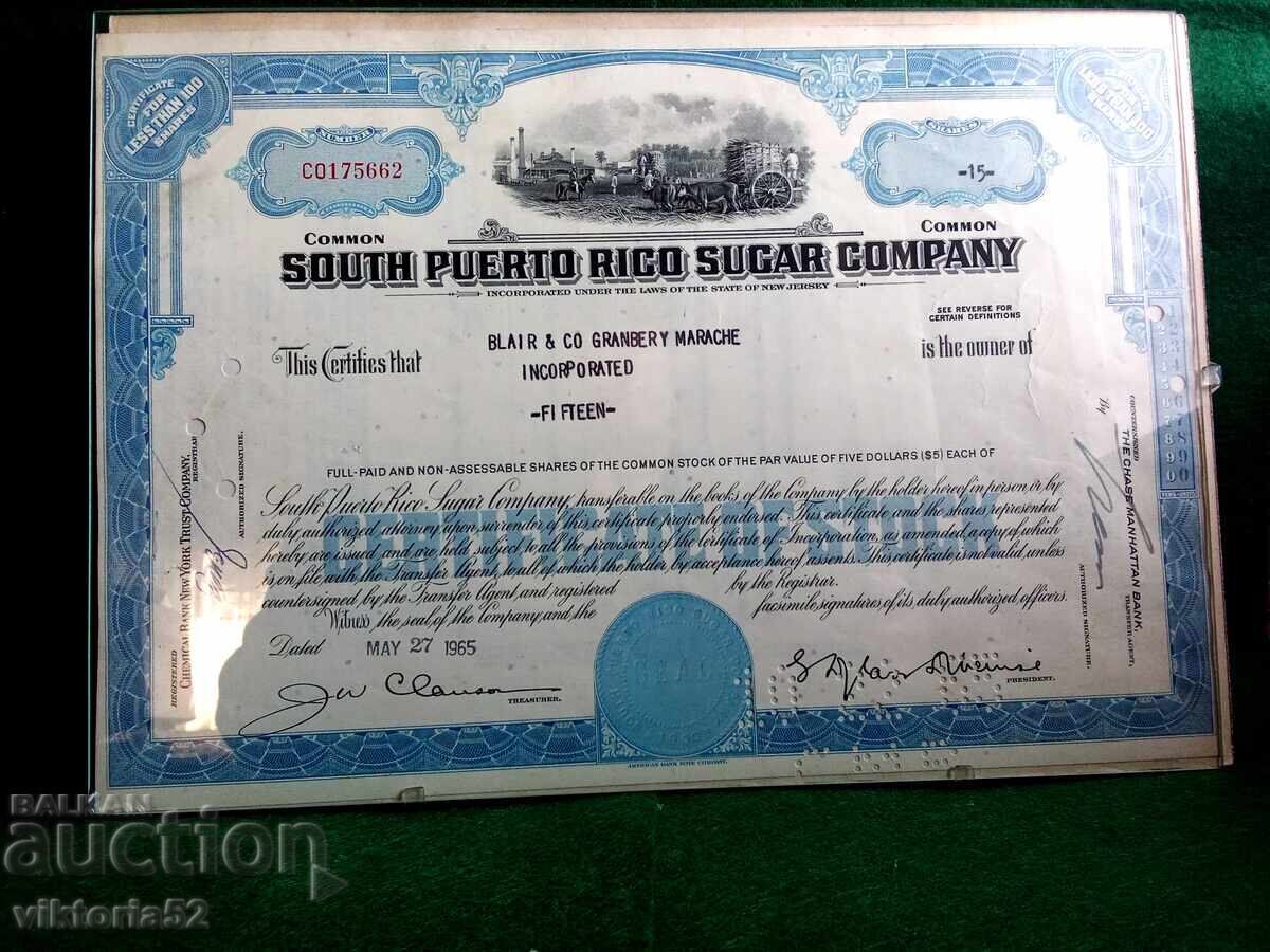 Delivery of South Porto Rico Sugar Co. - Puerto Rican Stock Certificate