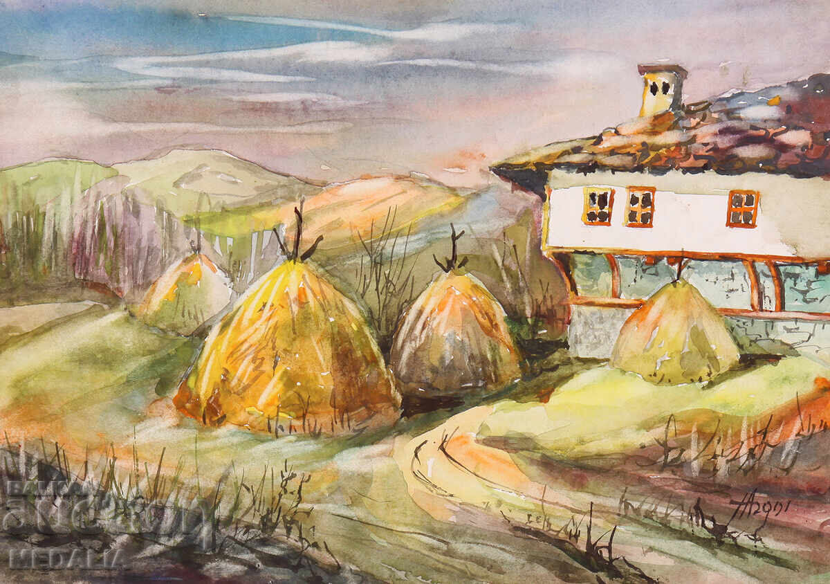 Nikola Angelakov - "Landscape" - watercolor - signed - 2001 - framed