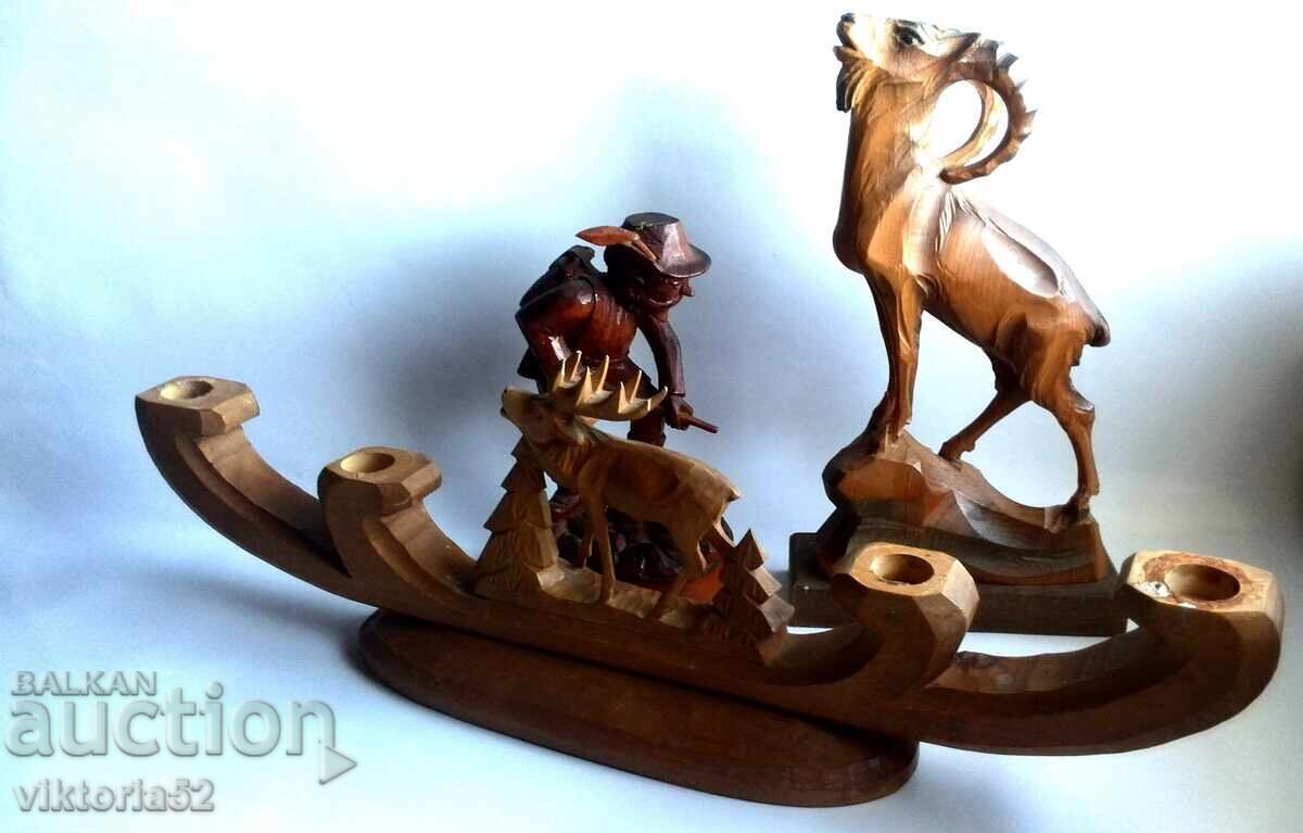 Auction Wooden Figures Statuettes-Candleholder Deer and Hunter with Wild Goat Auction Wooden Figures Statuettes-Candleholder Deer and Hunter with Wild Goat