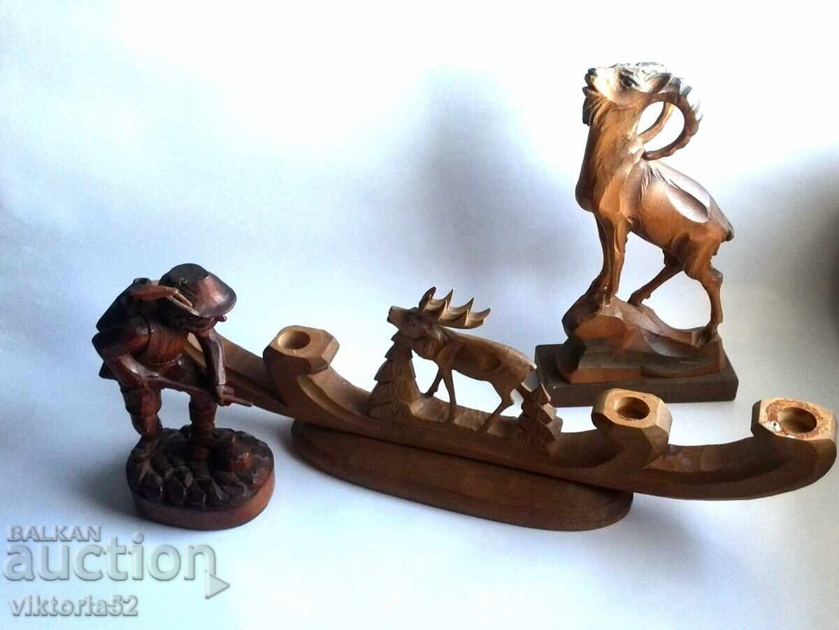 Wooden Figures Statuettes-Candleholder Deer and Hunter with Wild Goat Wooden Figures Statuettes-Candleholder Deer and Hunter with Wild Goat