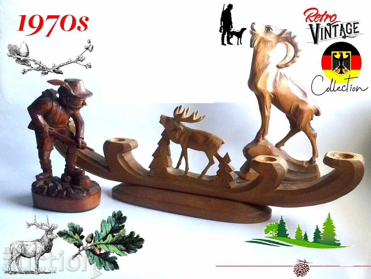 Figurine din lemn Statuete-sfeșnic Cerb și Vânător cu Capră Neagră