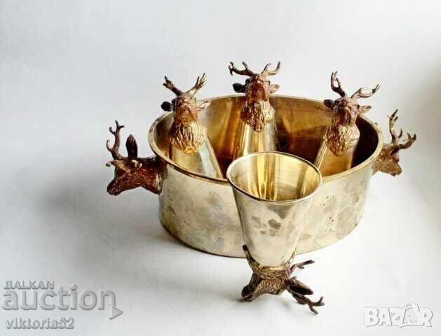 Antique set of glasses with deer head and bowl made of Bronze-Brass for KH - 5 Antique set of glasses with deer head and bowl made of Bronze-Brass for KH - 5