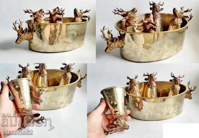 Antique set of glasses with deer head and bowl made of Bronze-Brass for KH - 6 Antique set of glasses with deer head and bowl made of Bronze-Brass for KH - 6