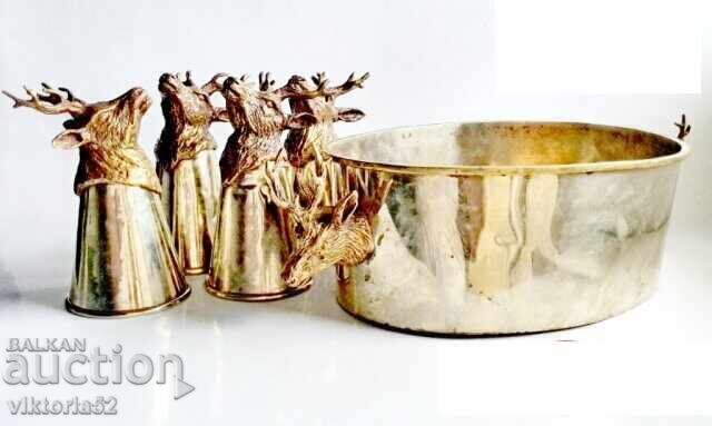 Античен сет чаши с еленска глава и купа от Бронз-Месинг за Х