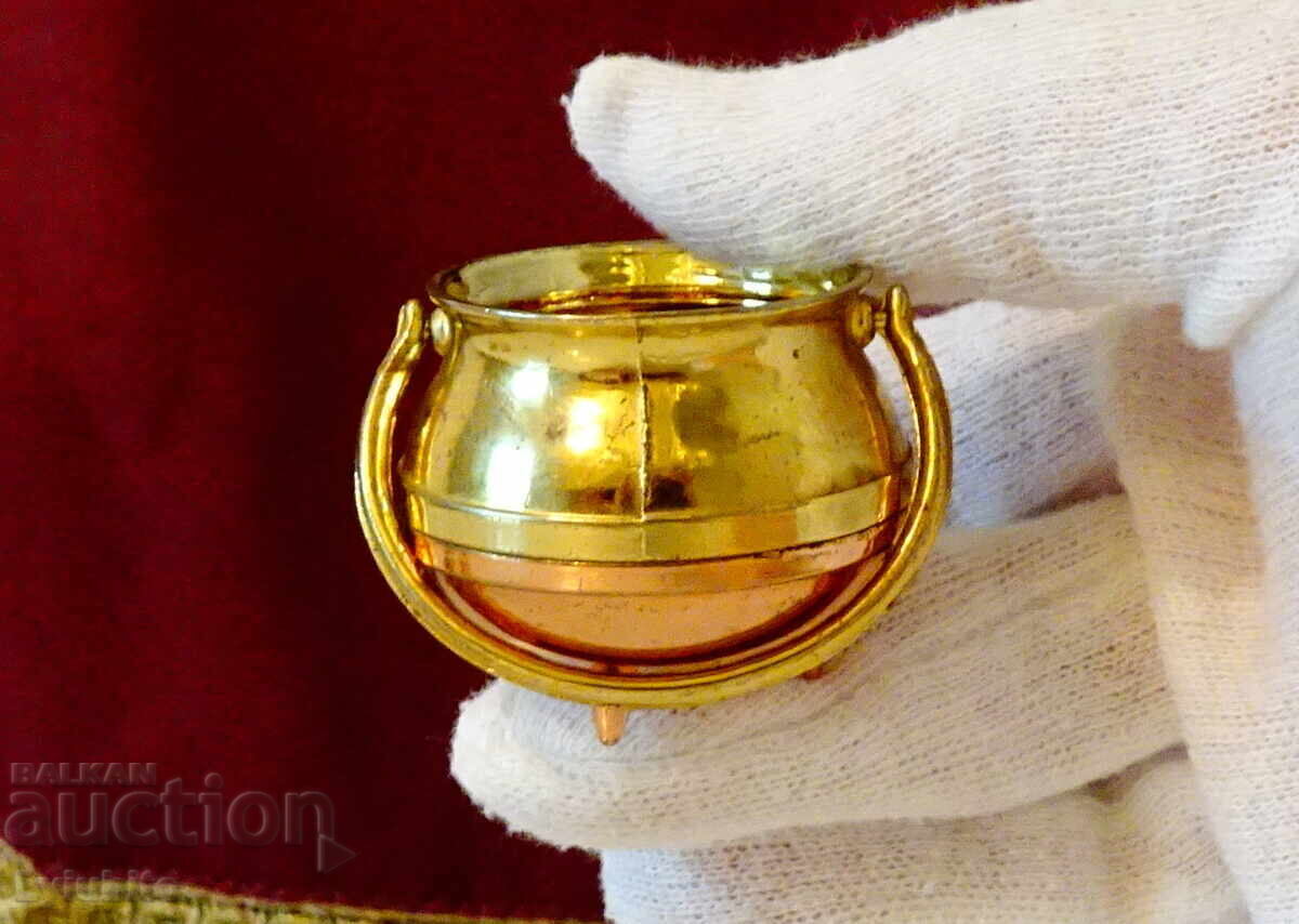 Χάλκινο φλιτζάνι, κατσαρολάκι μινιατούρα, επιχρύσωση - 5