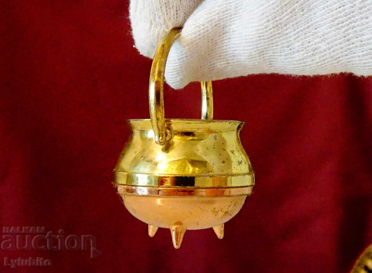 Χάλκινο φλιτζάνι, κατσαρολάκι μινιατούρα, επιχρύσωση - 7