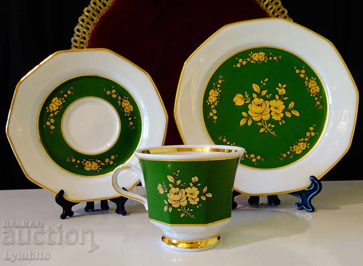 Чаша с чинии баварски порцелан,злато,рози,смарагд - 7 Чаша с чинии баварски порцелан,злато,рози,смарагд - 7