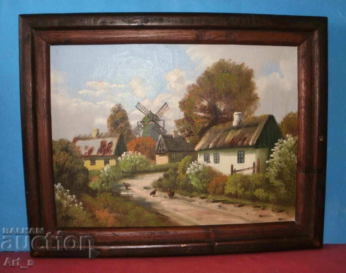 P. Brun - Peisaj olandez - ulei pe pânză P. Brun - Peisaj olandez - ulei pe pânză