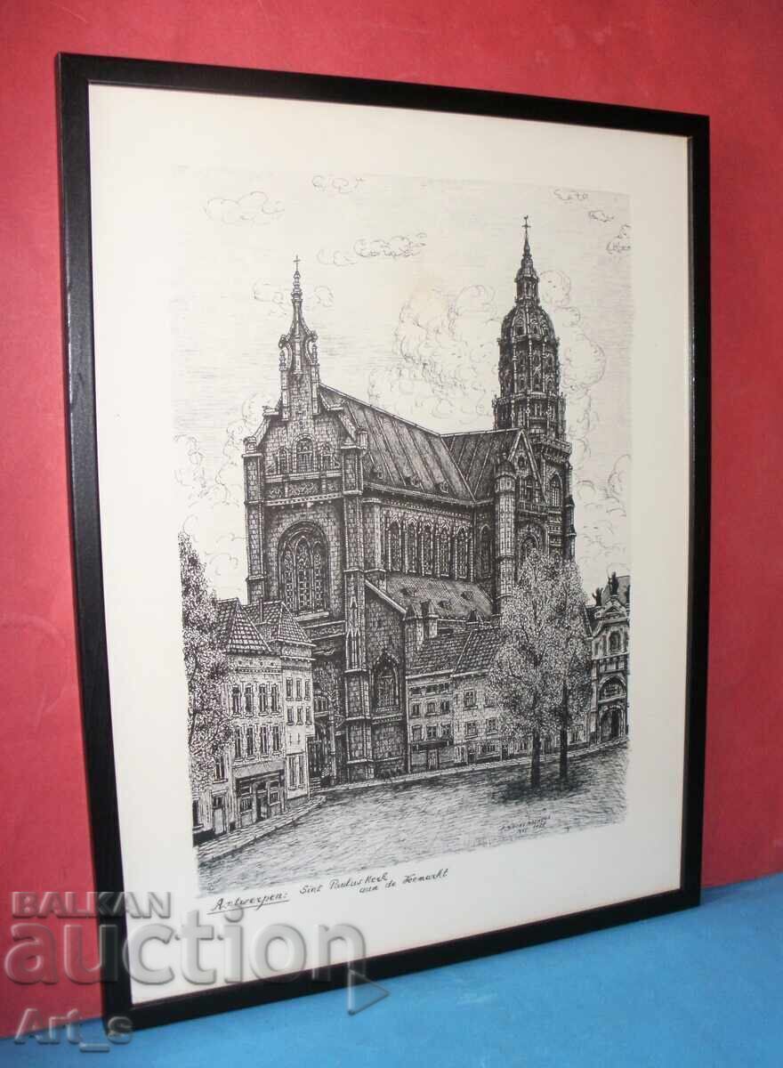 Dutch ink graphic from 1978, framed with price 49.99 BGN | € 25.56 Dutch ink graphic from 1978, framed with price 49.99 BGN | € 25.56