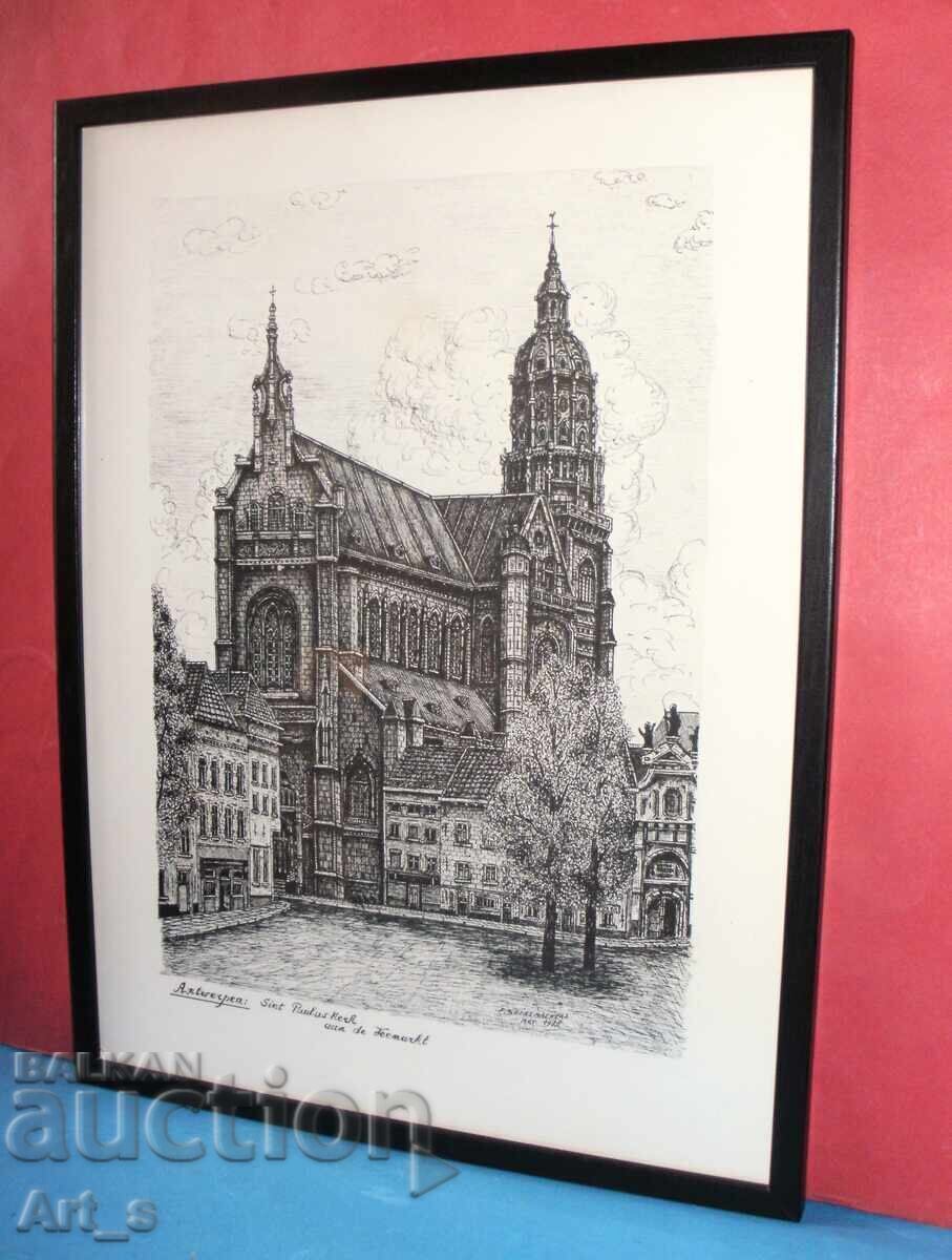 Auction Dutch ink graphic from 1978, framed Auction Dutch ink graphic from 1978, framed