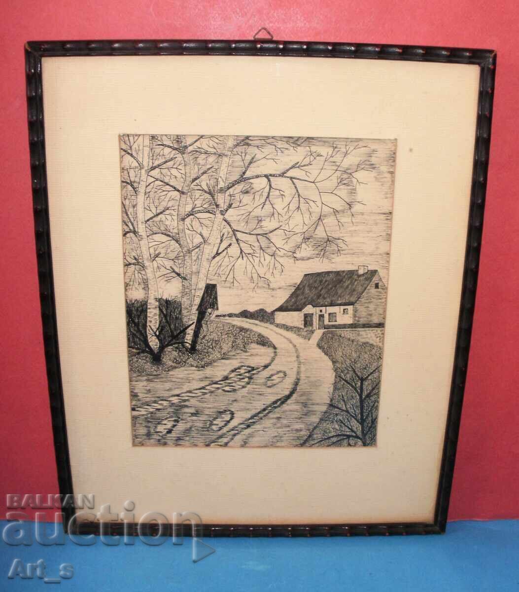 Dutch graphic with a typical landscape, framed Dutch graphic with a typical landscape, framed