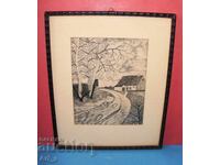 Dutch graphic with a typical landscape, framed