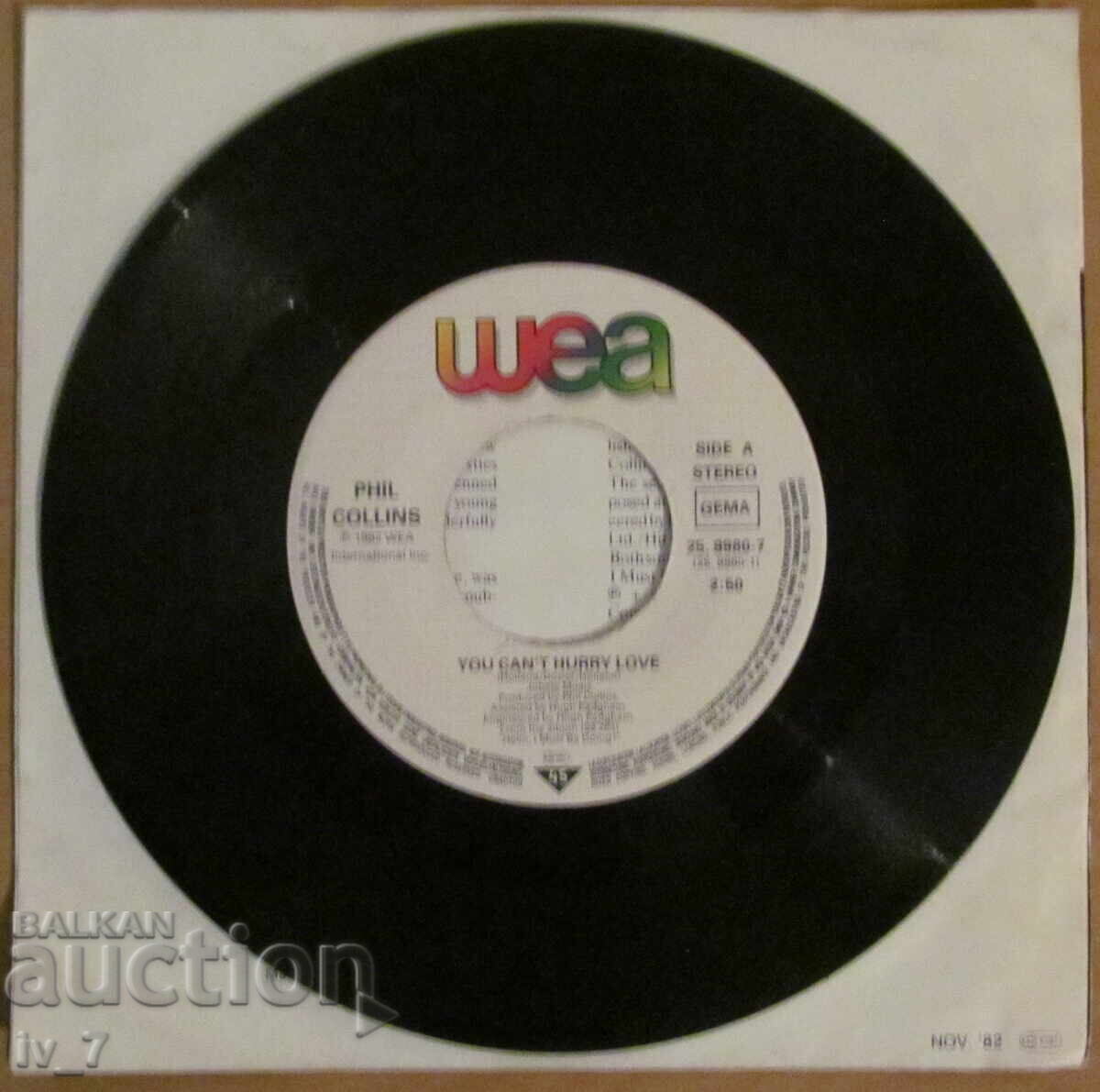 Auction GRAMOPHONE RECORD - Phil Collins, small format Auction GRAMOPHONE RECORD - Phil Collins, small format