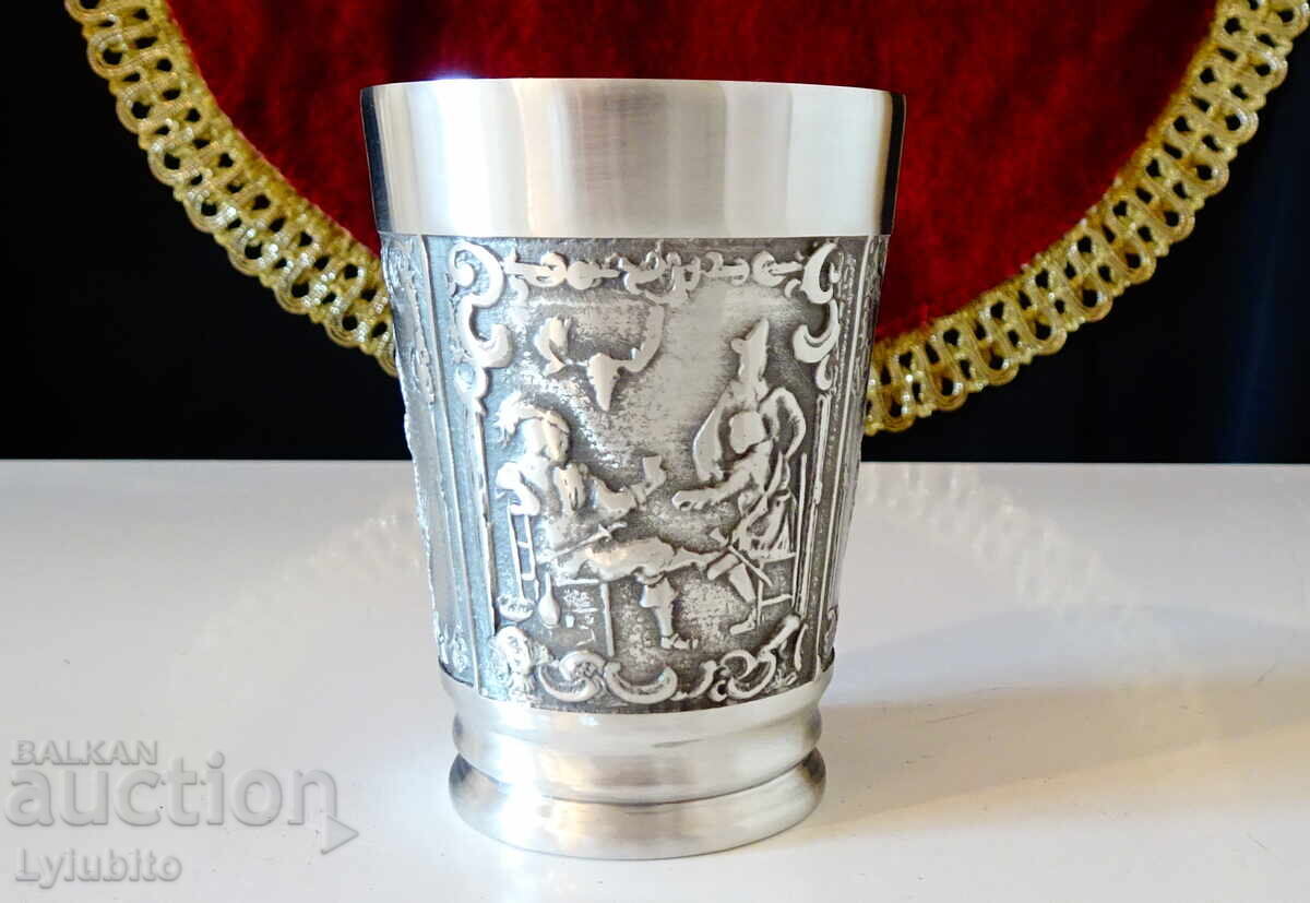 Auction Tin cup for hunting, grapes, barley and hops Auction Tin cup for hunting, grapes, barley and hops