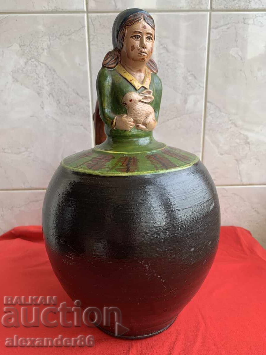 Auction Old wedding jug, girl with rabbit Auction Old wedding jug, girl with rabbit