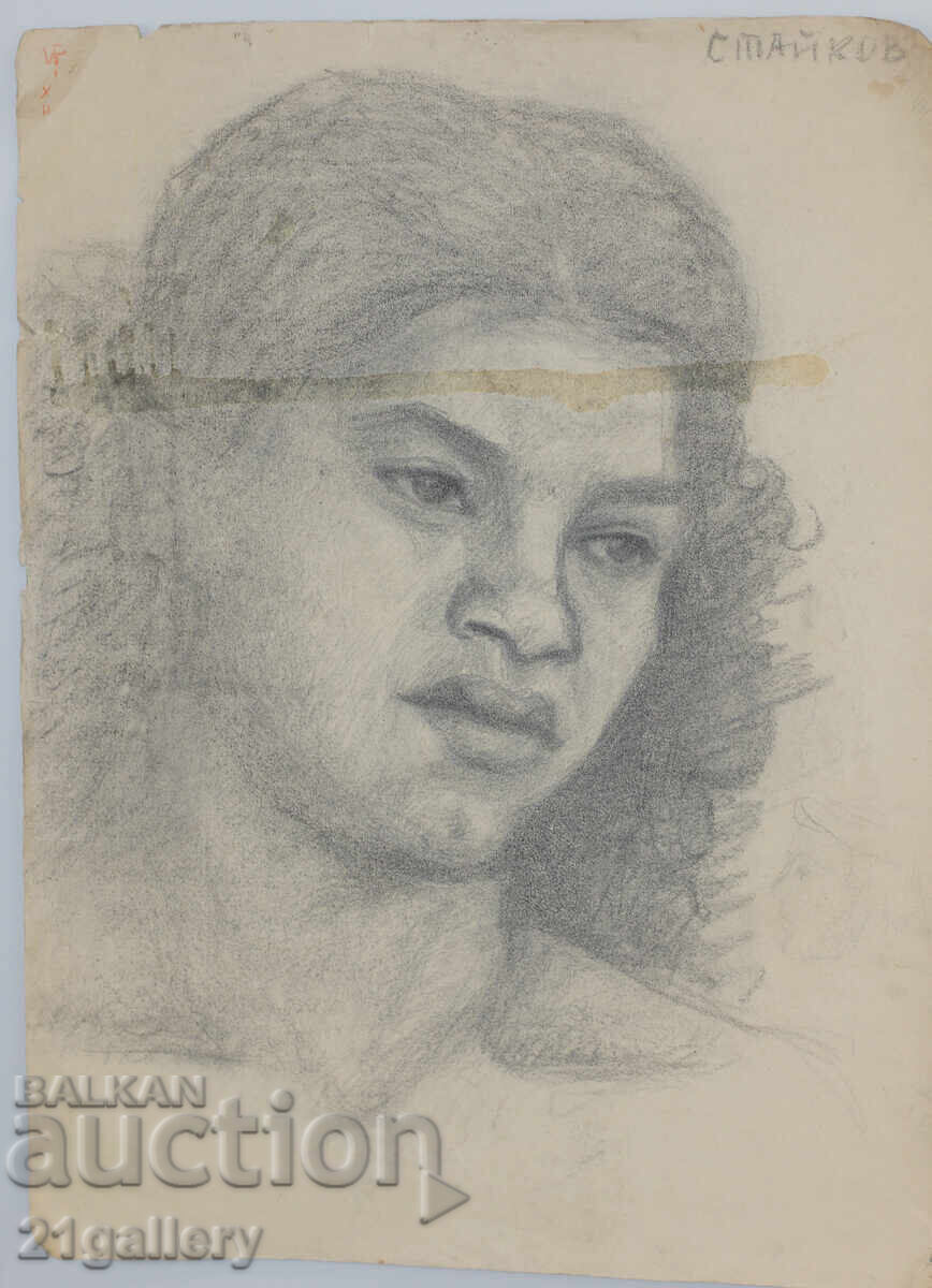 Auction  Old pencil drawing portrait of a woman, signed