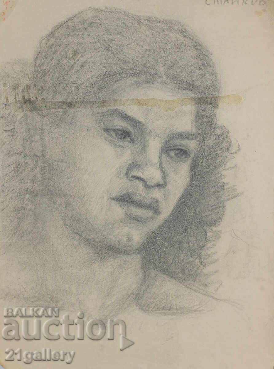 Old pencil drawing portrait of a woman, signed