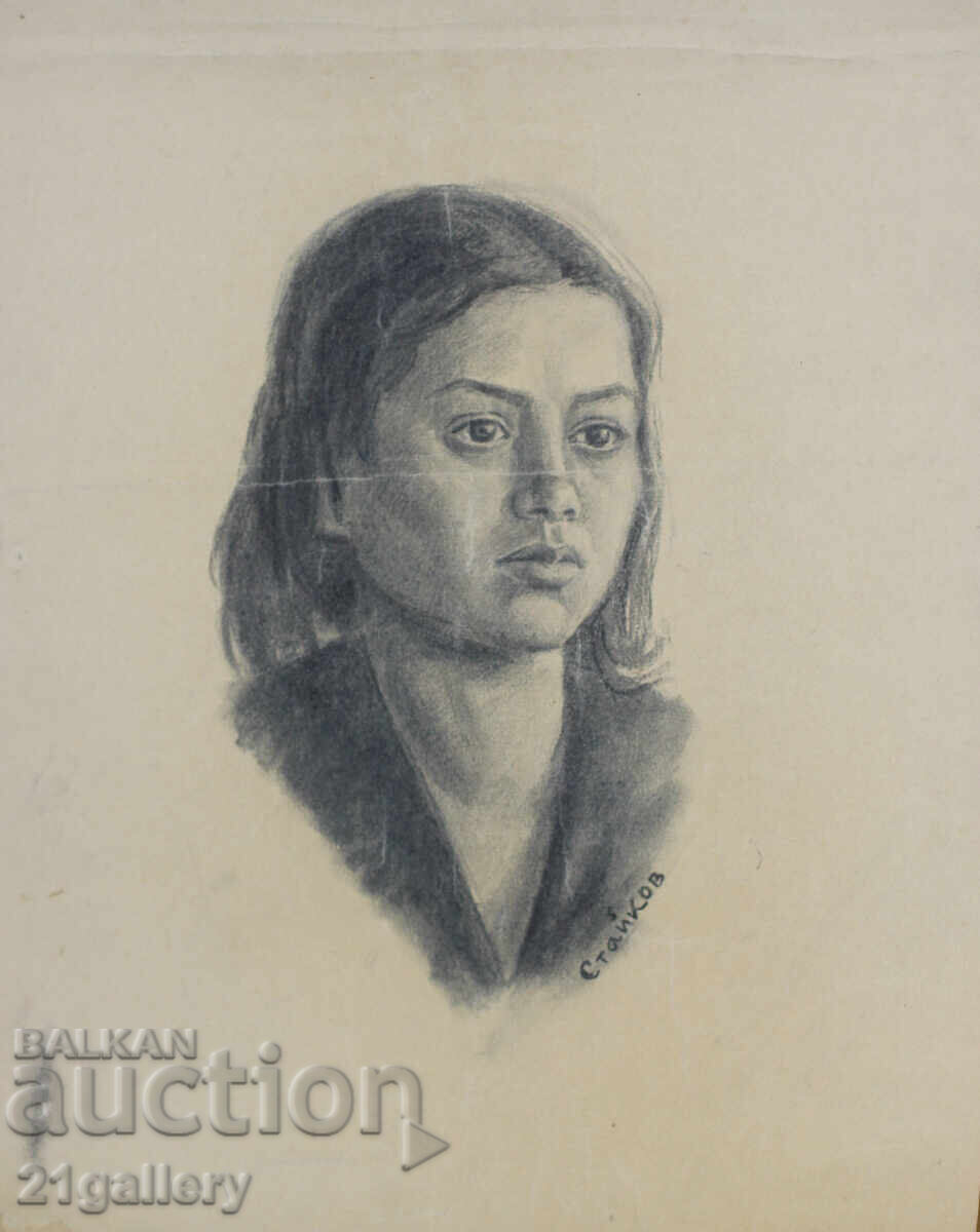 Desen vechi în creion, portret de fată, semnat cu preț 250.00 BGN | € 127.82