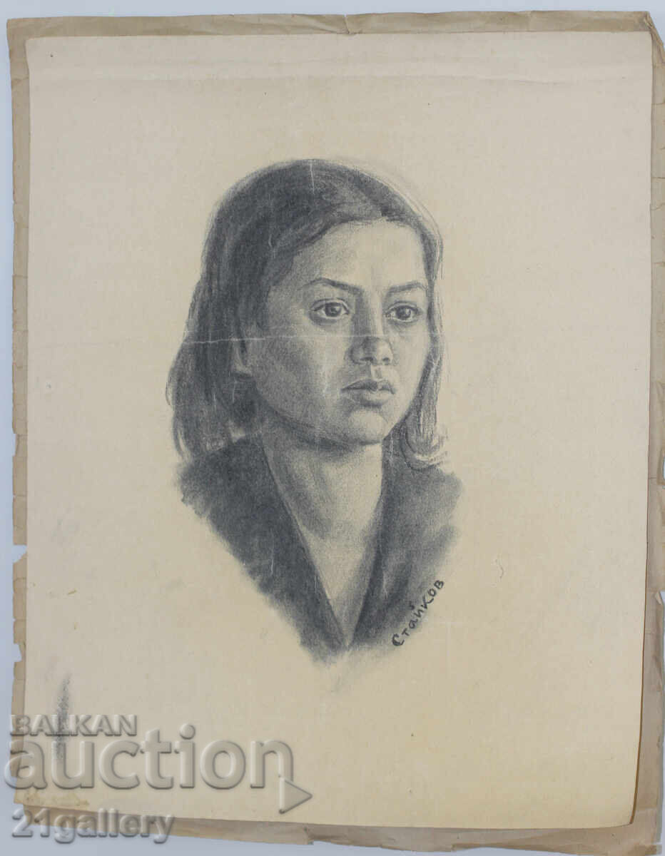 Licitație Desen vechi în creion, portret de fată, semnat