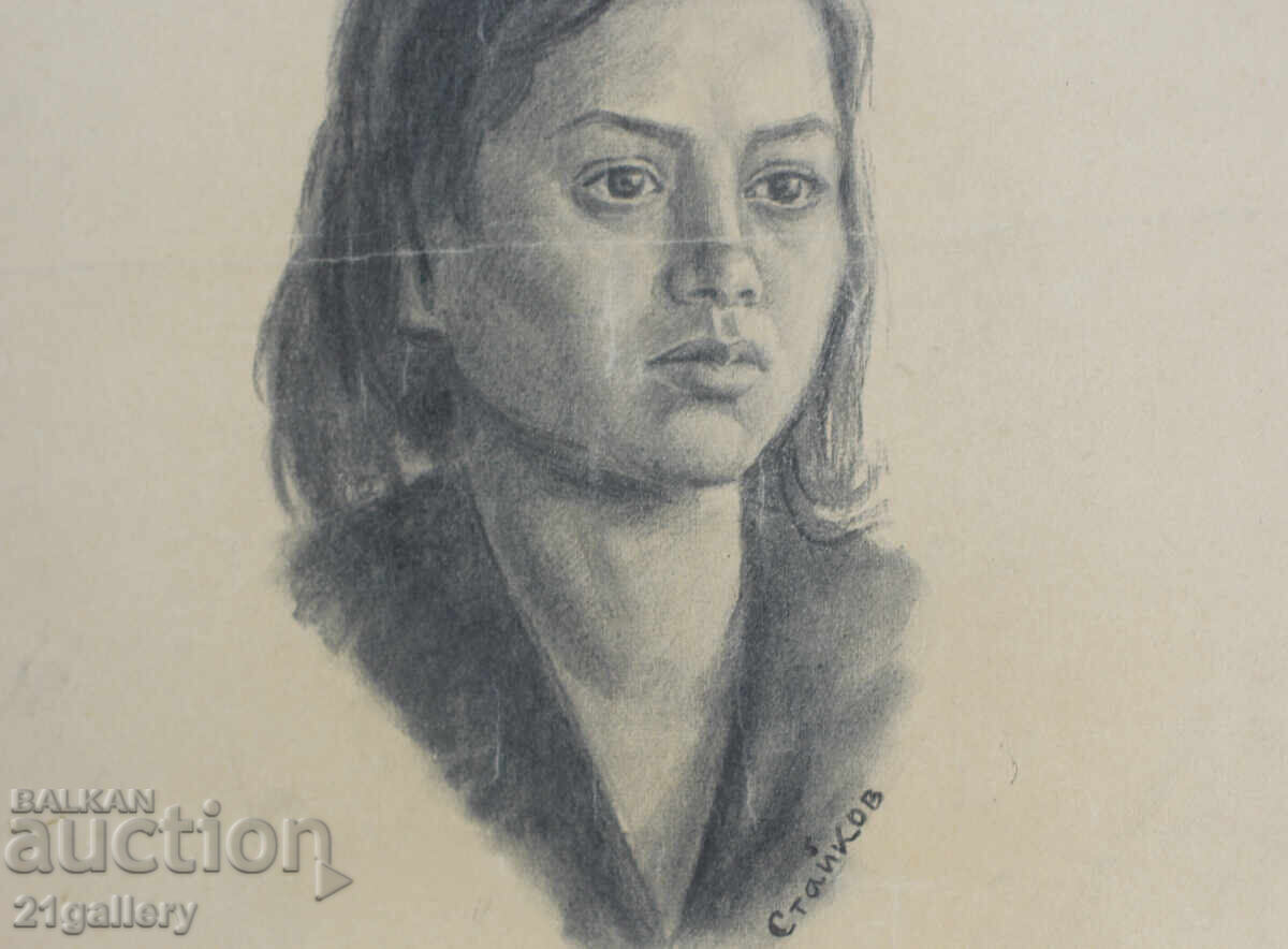 Desen vechi în creion, portret de fată, semnat - 5