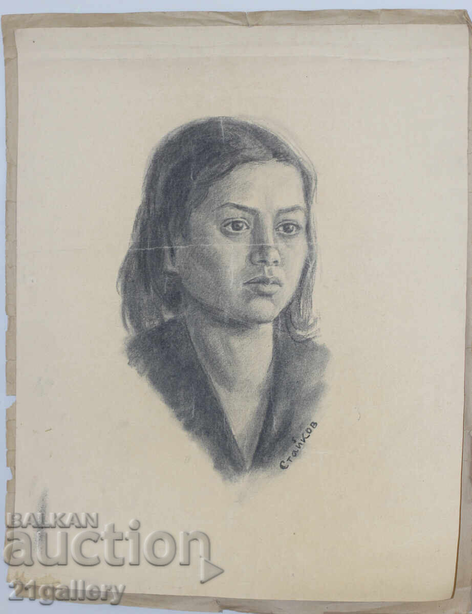 Desen vechi în creion, portret de fată, semnat - 6