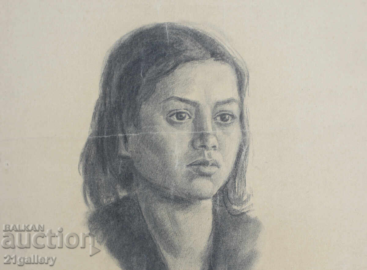 Desen vechi în creion, portret de fată, semnat - 7