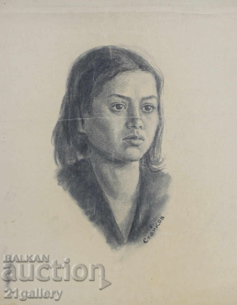 Desen vechi în creion, portret de fată, semnat