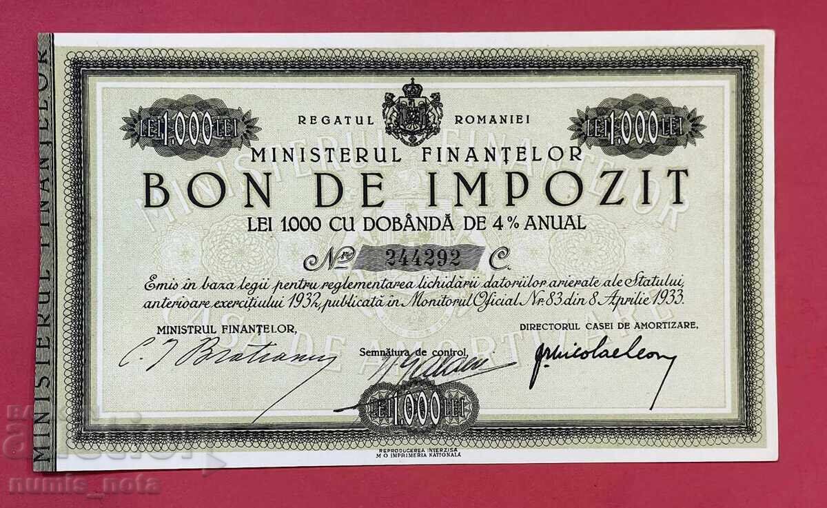 România Bon de taxă 1000 lei 1933