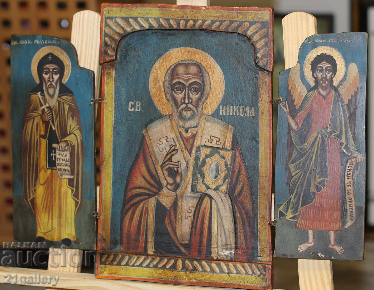 Painted icon tempera triptych Saint Nicholas the Wonderworker with price 550.00 BGN | € 281.21 Painted icon tempera triptych Saint Nicholas the Wonderworker with price 550.00 BGN | € 281.21
