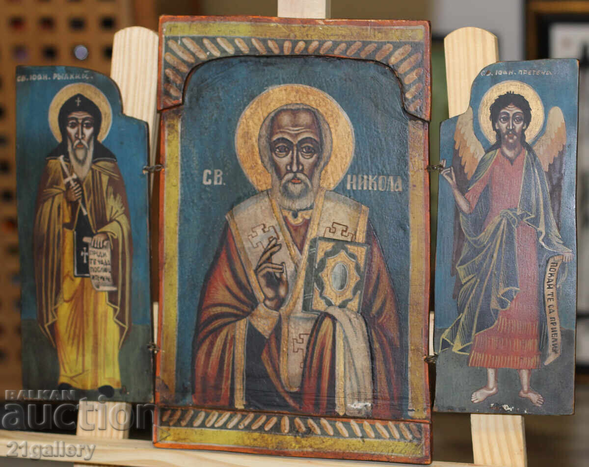 Auction Painted icon tempera triptych Saint Nicholas the Wonderworker Auction Painted icon tempera triptych Saint Nicholas the Wonderworker