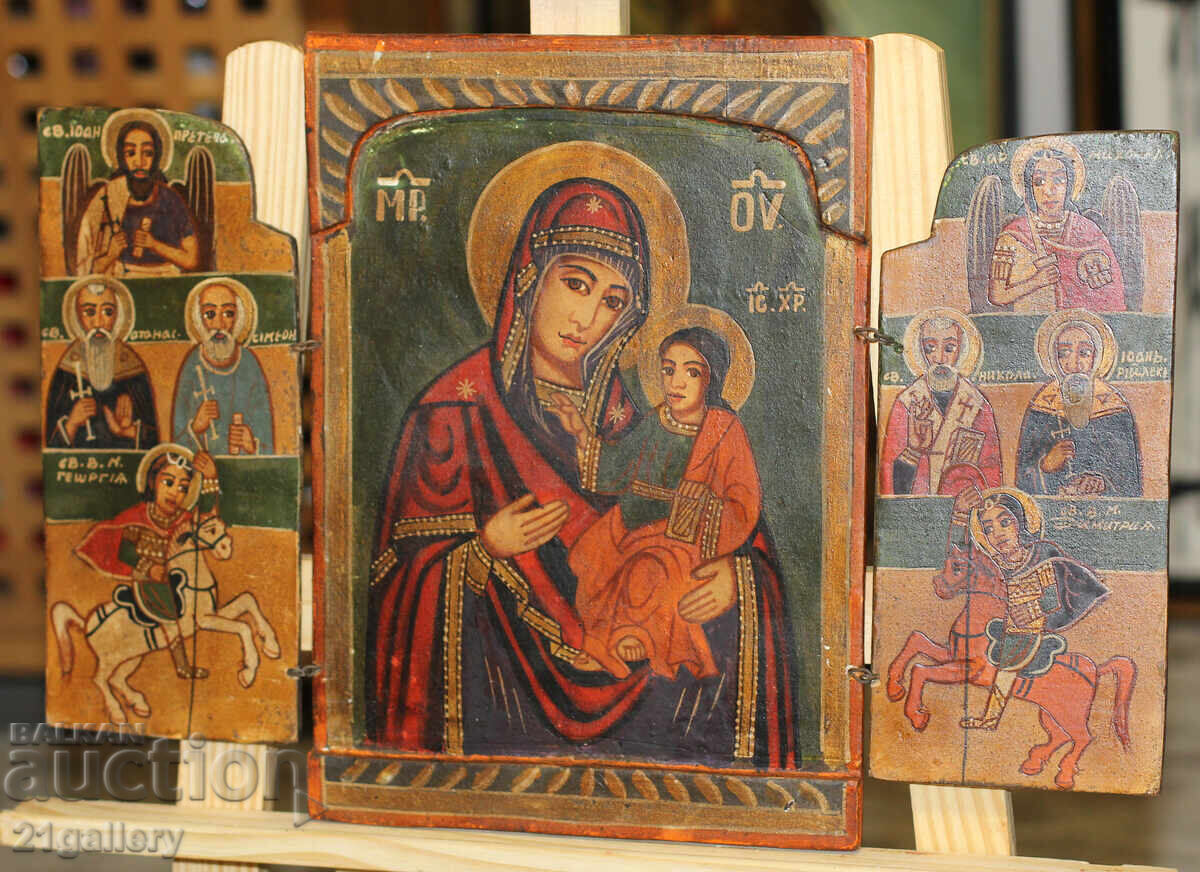 Auction Tempera paints icon triptych Holy Mother of God with the Child Auction Tempera paints icon triptych Holy Mother of God with the Child
