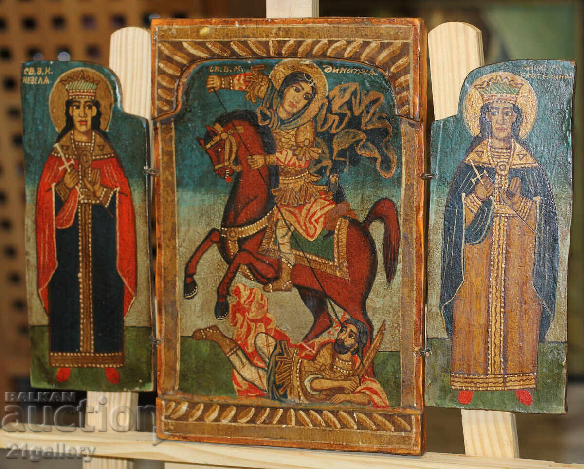Hand-painted icon triptych Saint Demetrius of Thessaloniki