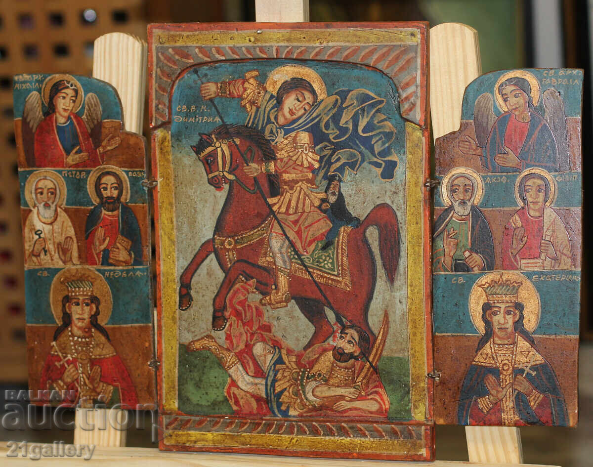 Hand-painted icon triptych Saint Demetrius of Thessaloniki with price 550.00 BGN | € 281.21 Hand-painted icon triptych Saint Demetrius of Thessaloniki with price 550.00 BGN | € 281.21