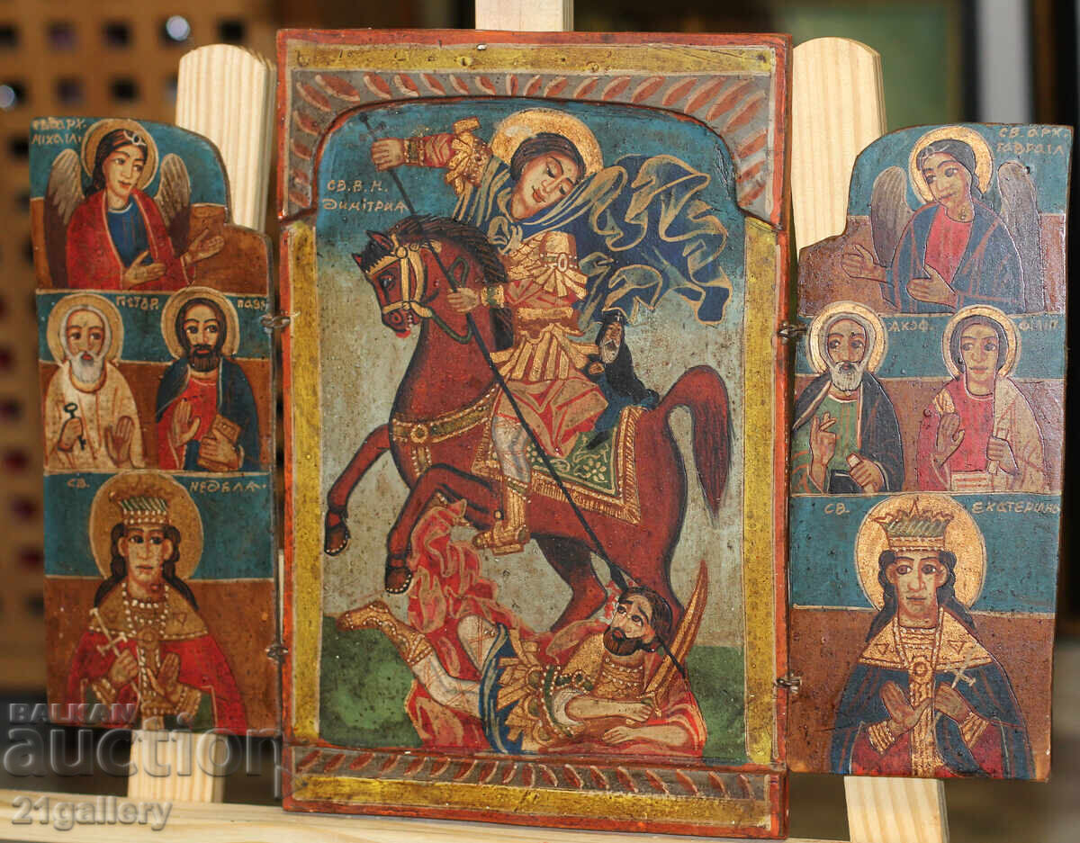 Auction Hand-painted icon triptych Saint Demetrius of Thessaloniki Auction Hand-painted icon triptych Saint Demetrius of Thessaloniki