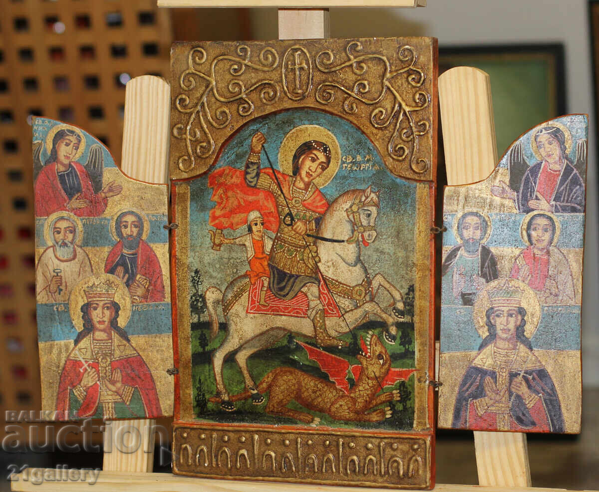 Hand painted icon triptych Saint George the Victorious with price 550.00 BGN | € 281.21