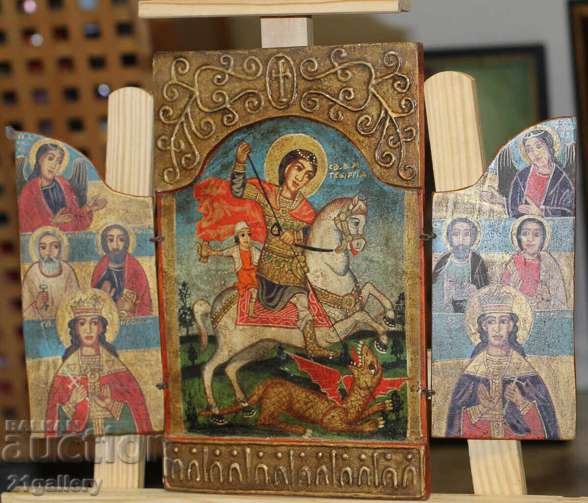 Auction  Hand painted icon triptych Saint George the Victorious