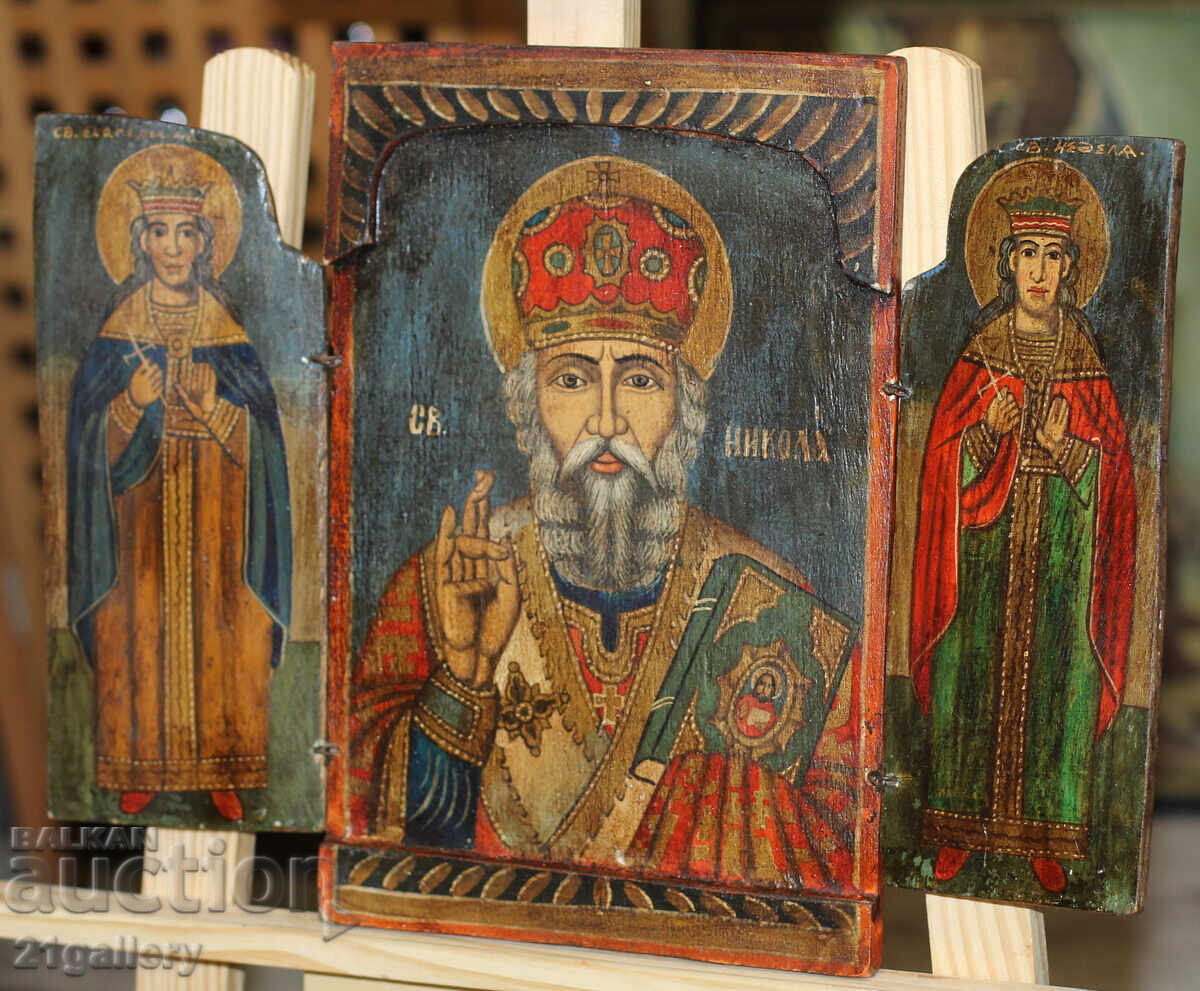Triptic cu icoană pictată manual Sfântul Nicolae Făcătorul de Minuni cu preț 550.00 BGN | € 281.21